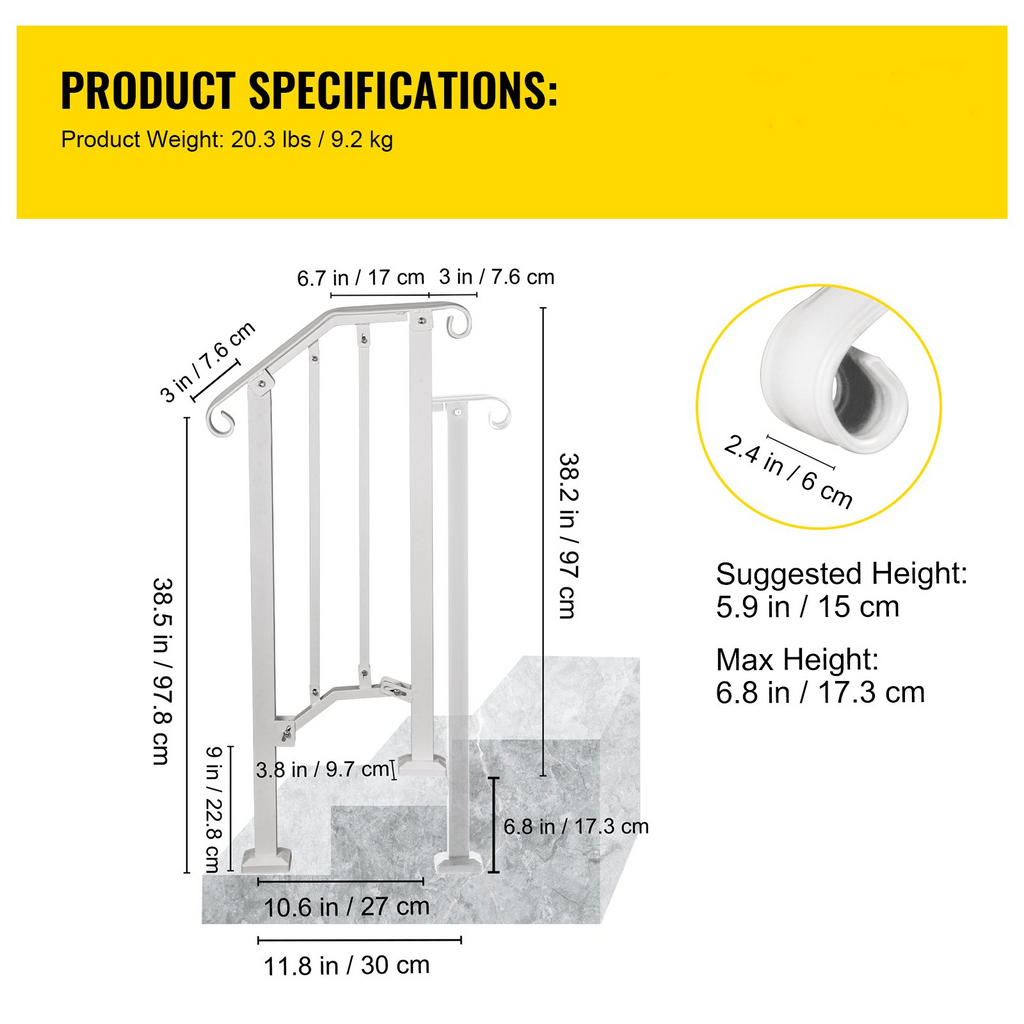 VEVOR Wrought Iron Handrail Fits 1 or 2 Steps Handrail Picket #1 Outdoor Stair Rail with Installation Kit for Outdoor Steps Hand Rails Matte White