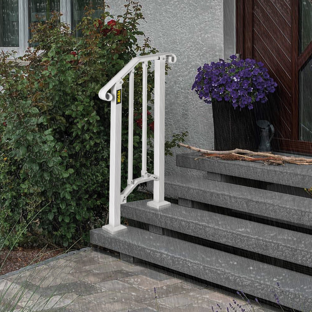 VEVOR Wrought Iron Handrail Fits 1 or 2 Steps Handrail Picket #1 Outdoor Stair Rail with Installation Kit for Outdoor Steps Hand Rails Matte White