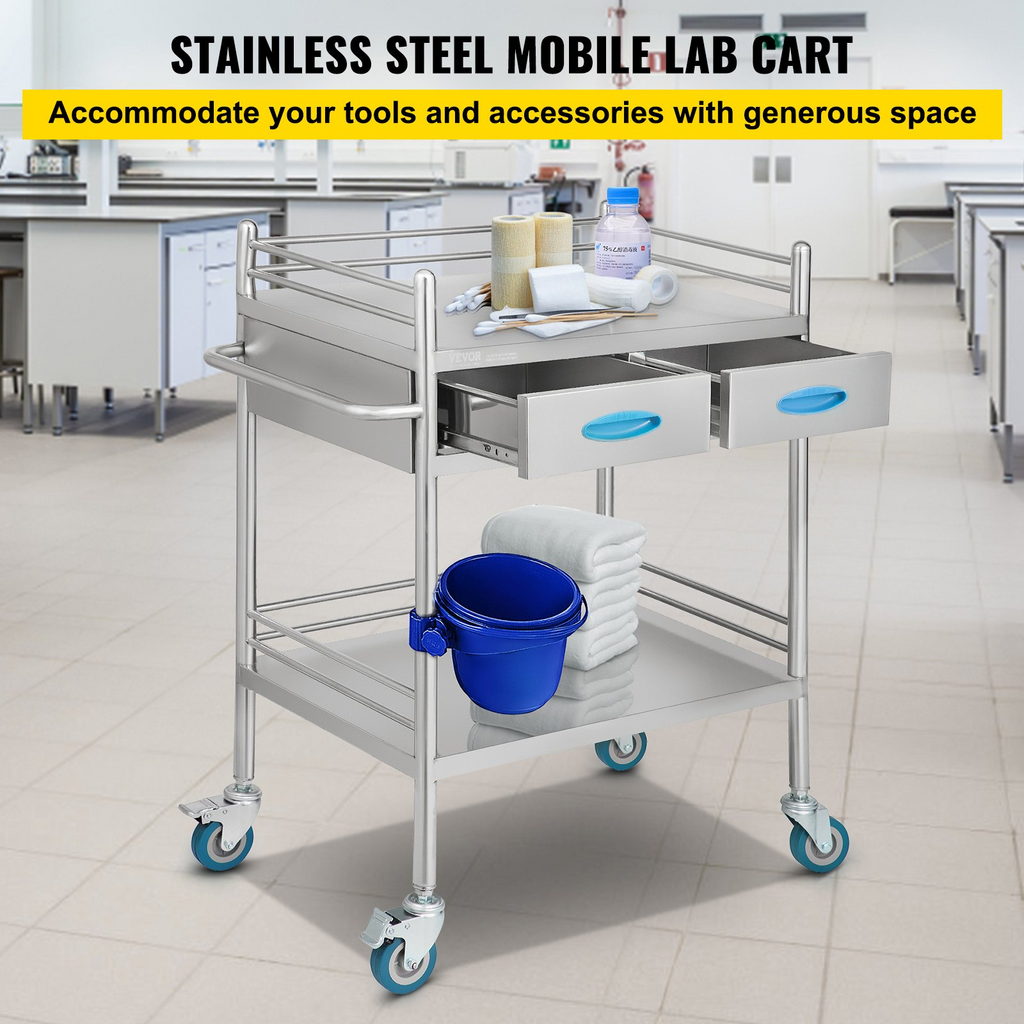 Carro de servicio de laboratorio rodante multiusos de acero inoxidable 2 capas con dos cajones ruedas bloqueables y balde para uso en laboratorio hospital y odontología.