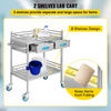 Carro de servicio de laboratorio rodante multiusos de acero inoxidable 2 capas con dos cajones ruedas bloqueables y balde para uso en laboratorio hospital y odontología.