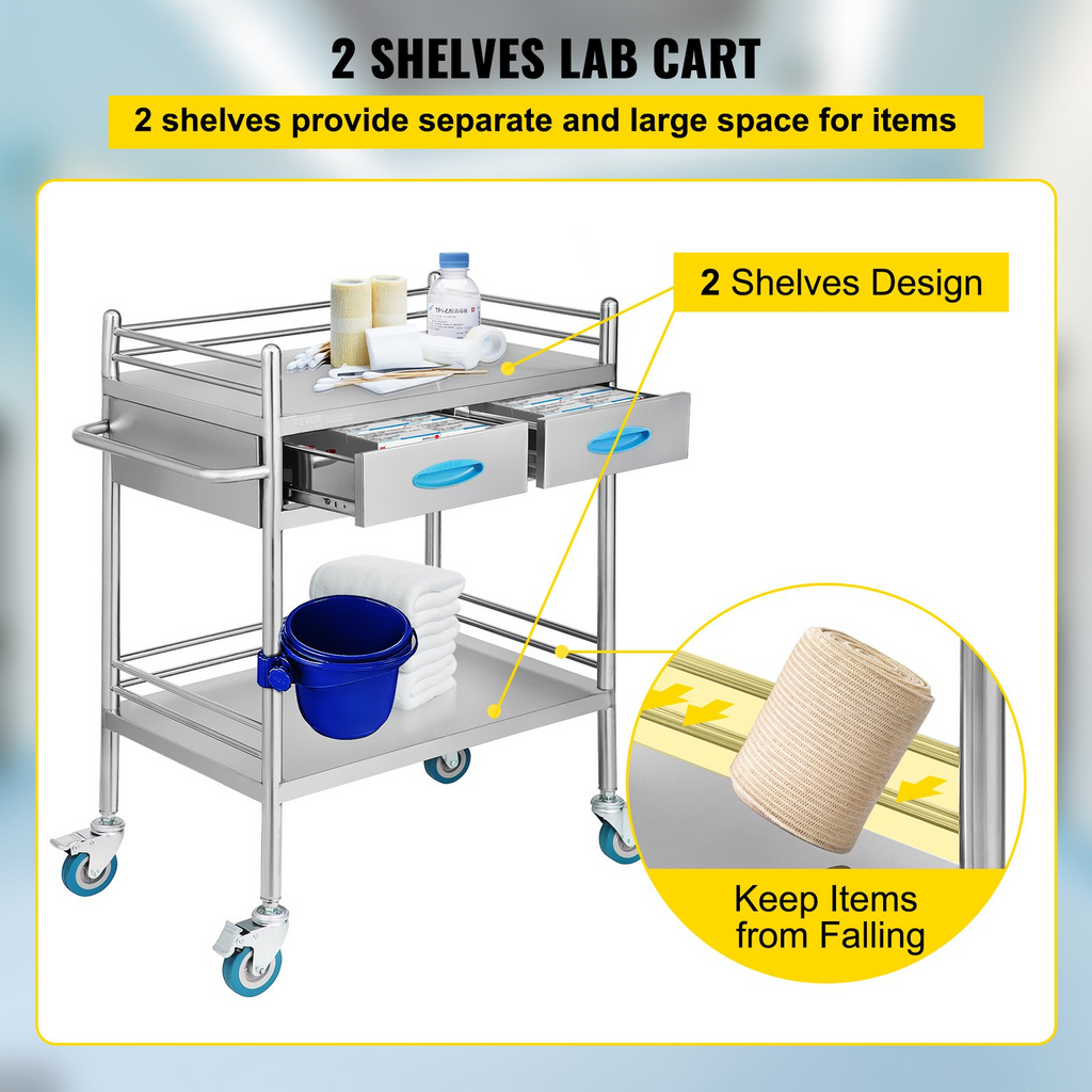 Carro de servicio de laboratorio rodante multiusos de acero inoxidable 2 capas con dos cajones ruedas bloqueables y balde para uso en laboratorio hospital y odontología.