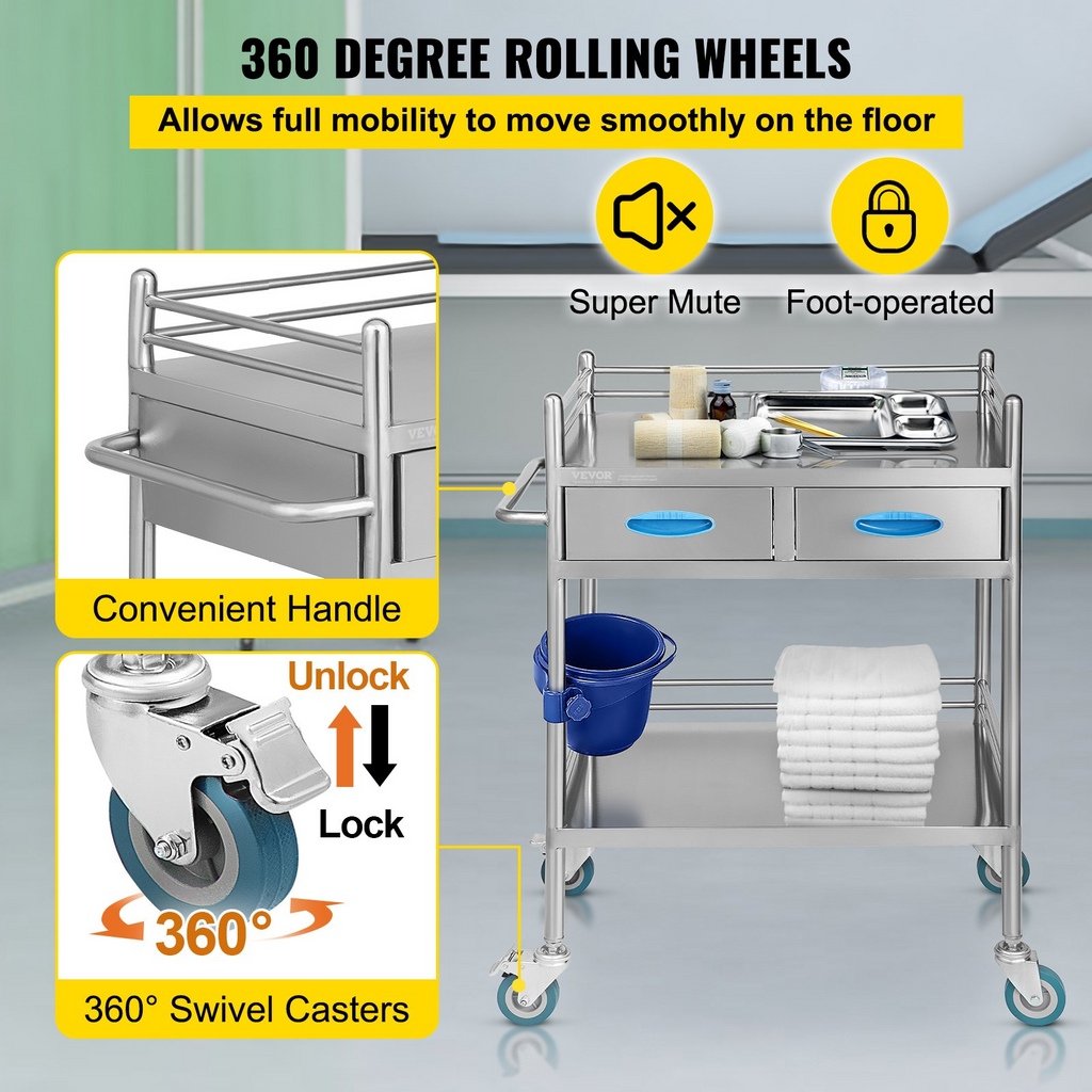 Carro de servicio de laboratorio rodante multiusos de acero inoxidable 2 capas con dos cajones ruedas bloqueables y balde para uso en laboratorio hospital y odontología.