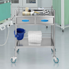 Carro de servicio de laboratorio rodante multiusos de acero inoxidable 2 capas con dos cajones ruedas bloqueables y balde para uso en laboratorio hospital y odontología.