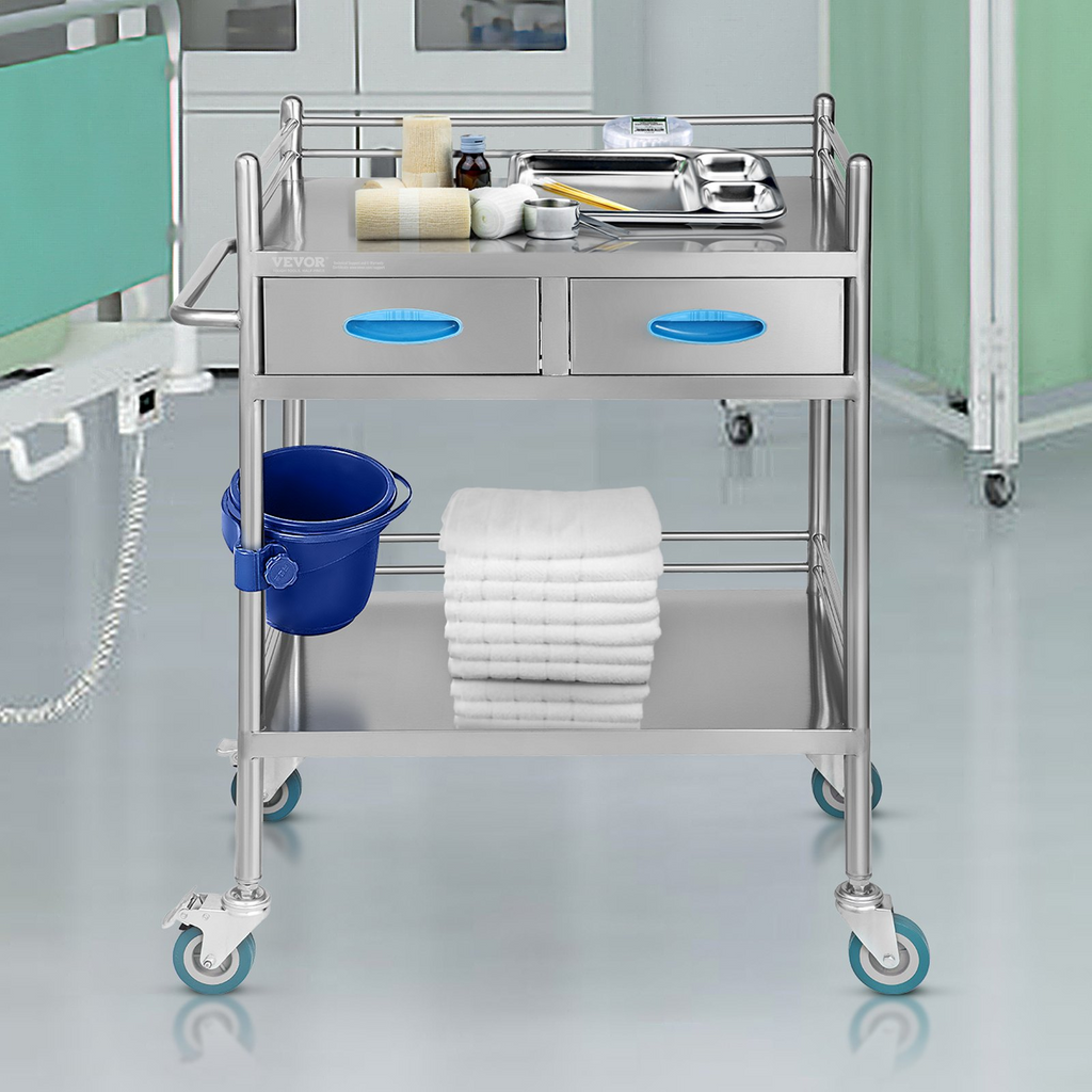 Carro de servicio de laboratorio rodante multiusos de acero inoxidable 2 capas con dos cajones ruedas bloqueables y balde para uso en laboratorio hospital y odontología.