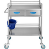 Carro de servicio de laboratorio rodante multiusos de acero inoxidable 2 capas con dos cajones ruedas bloqueables y balde para uso en laboratorio hospital y odontología.