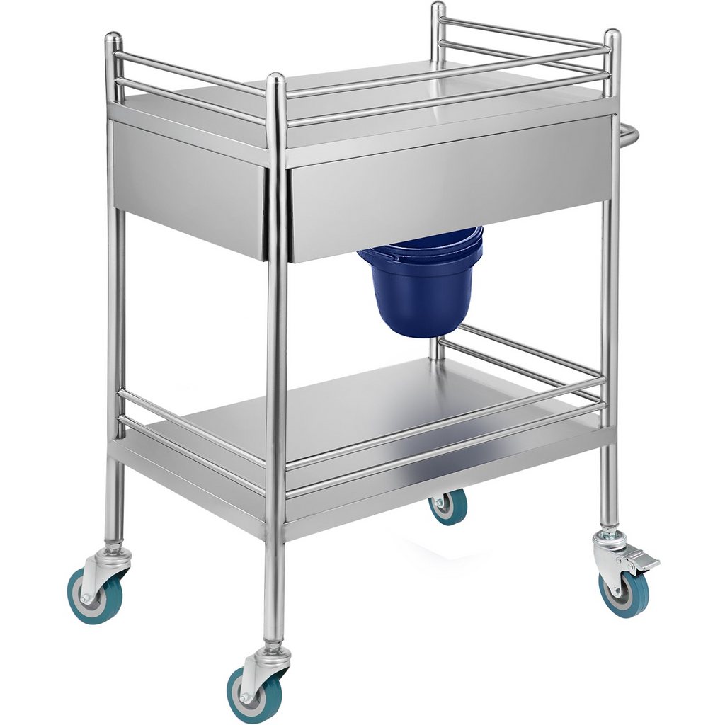 Carro de servicio de laboratorio rodante multiusos de acero inoxidable 2 capas con dos cajones ruedas bloqueables y balde para uso en laboratorio hospital y odontología.