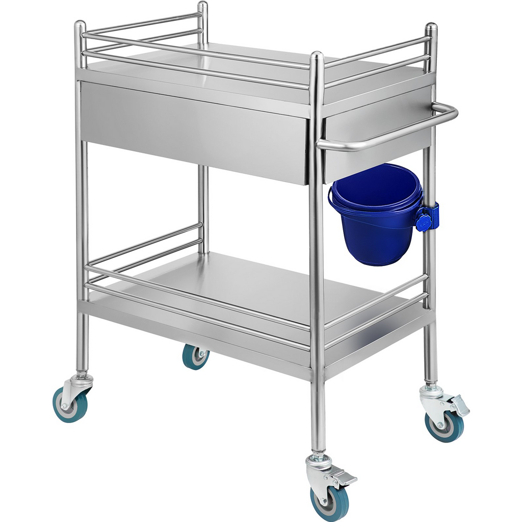 Carro de servicio de laboratorio rodante multiusos de acero inoxidable 2 capas con dos cajones ruedas bloqueables y balde para uso en laboratorio hospital y odontología.