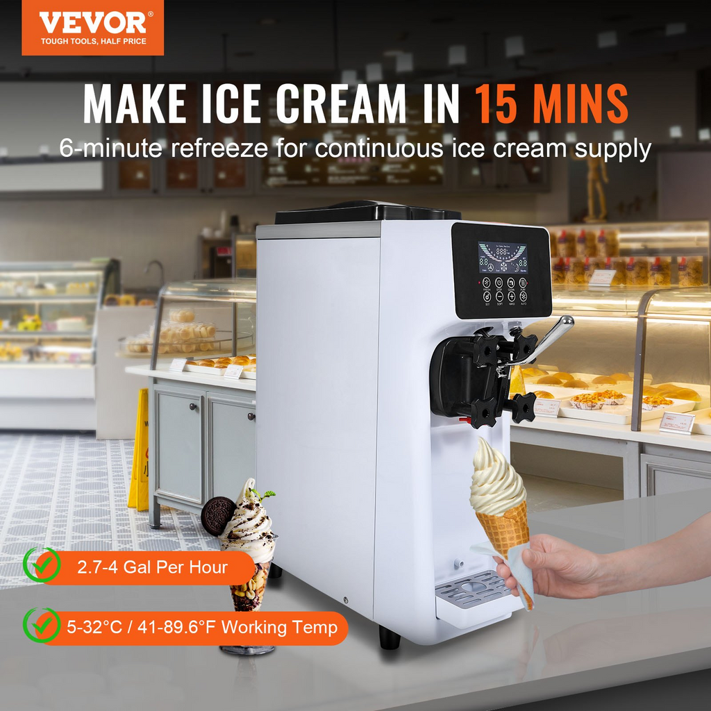 VEVOR Máquina comercial para hacer helados rendimiento de 10,6 qt/h de un solo sabor de 1000 W con tolva de 4 l cilindro de 1,6 l panel LCD con preenfriado automático