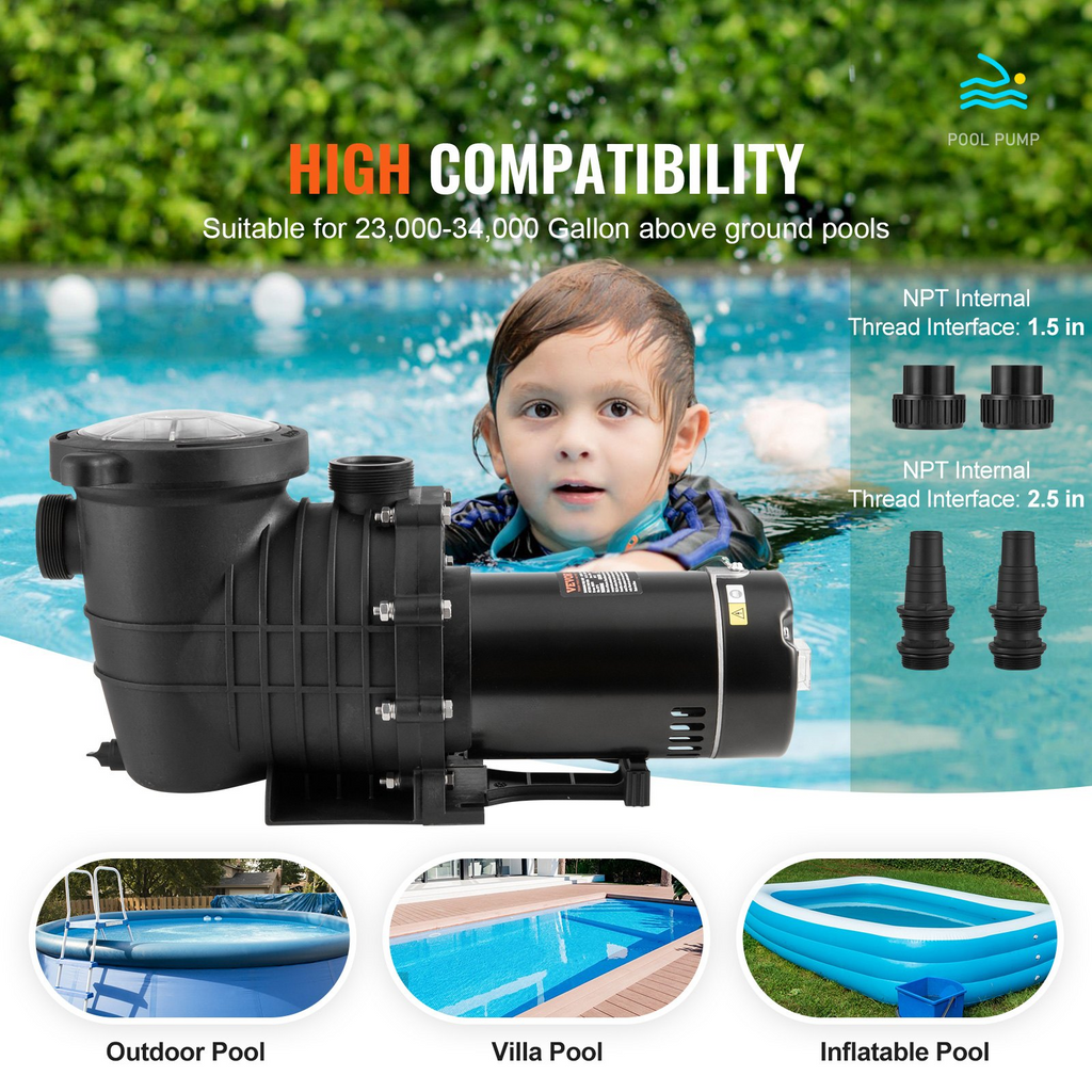 Bomba para piscina elevada VEVOR 1,5 HP 100 GPM 110 V/240 V 3450 RPM