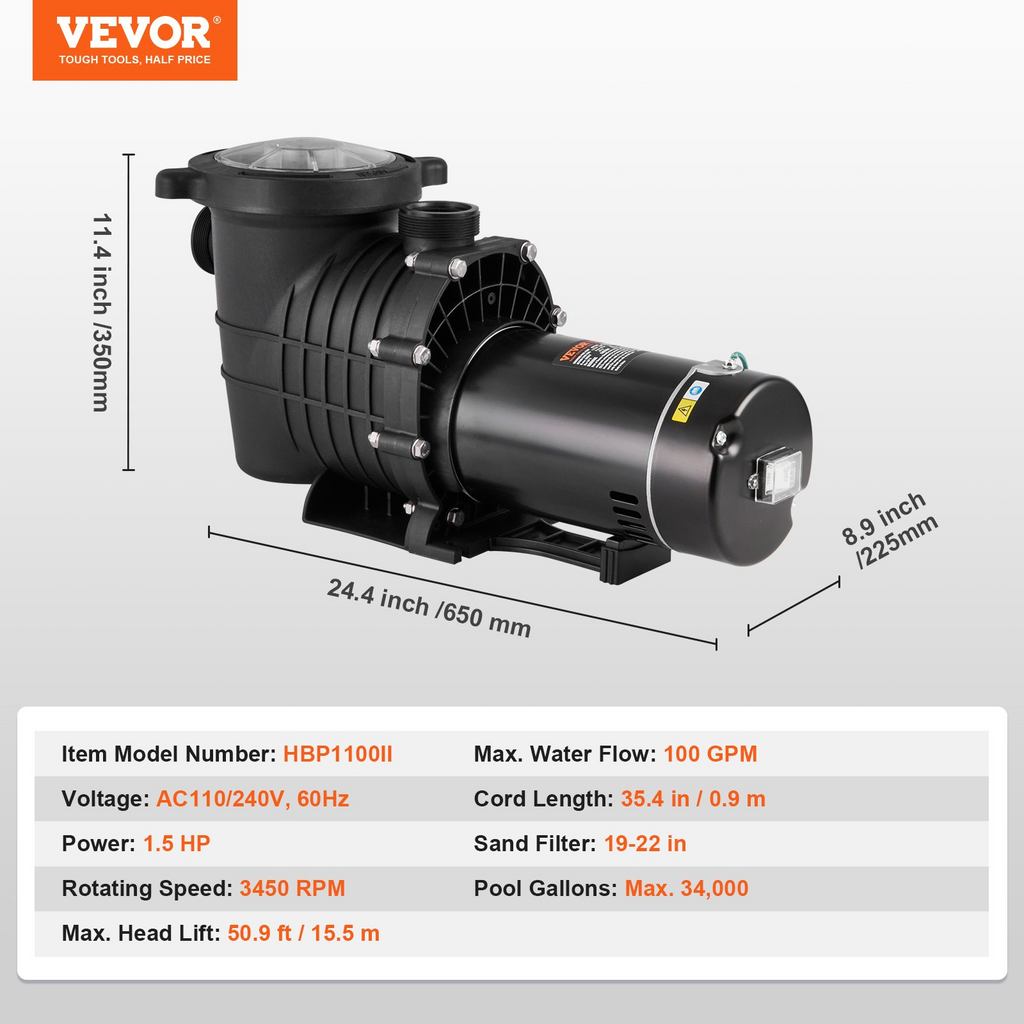 Bomba para piscina elevada VEVOR 1,5 HP 100 GPM 110 V/240 V 3450 RPM
