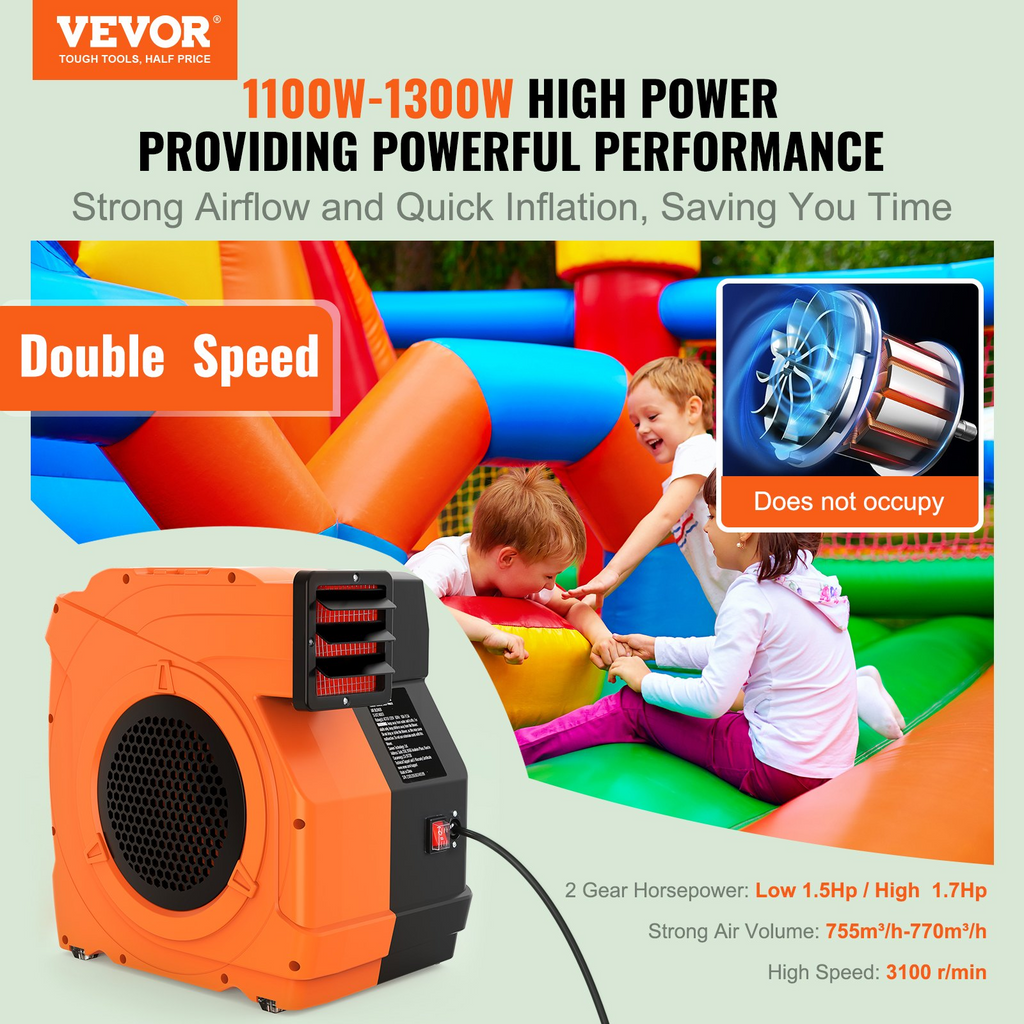 Soplador de aire VEVOR 1100 W 1.5/1.7 HP con bomba para castillos inflables y toboganes de agua 3100 RPM aprobado por UL