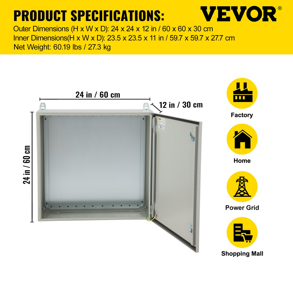 Caja eléctrica VEVOR, 24 x 24 x 12 pulgadas, probada según las normas UL, caja exterior NEMA 4, IP65, resistente al agua y al polvo