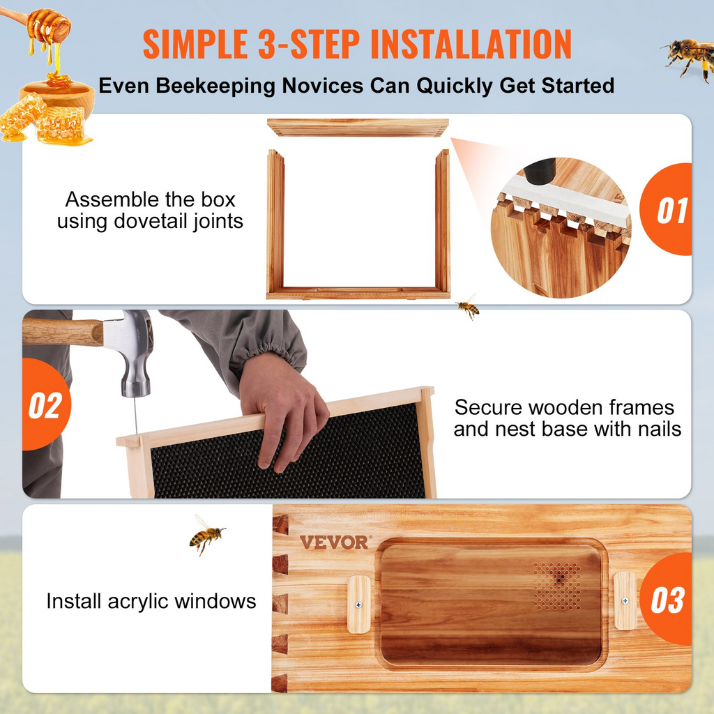 VEVOR Bee Hive - Kit de inicio de 40 colmenas de abejas con marco de madera de cedro recubierta de cera de abejas 2 cajas de abejas profundas y 2 medianas