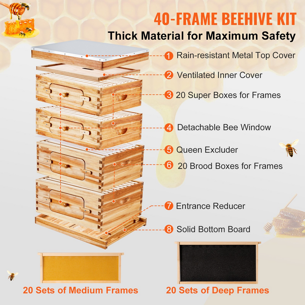 VEVOR Bee Hive - Kit de inicio de 40 colmenas de abejas con marco de madera de cedro recubierta de cera de abejas 2 cajas de abejas profundas y 2 medianas