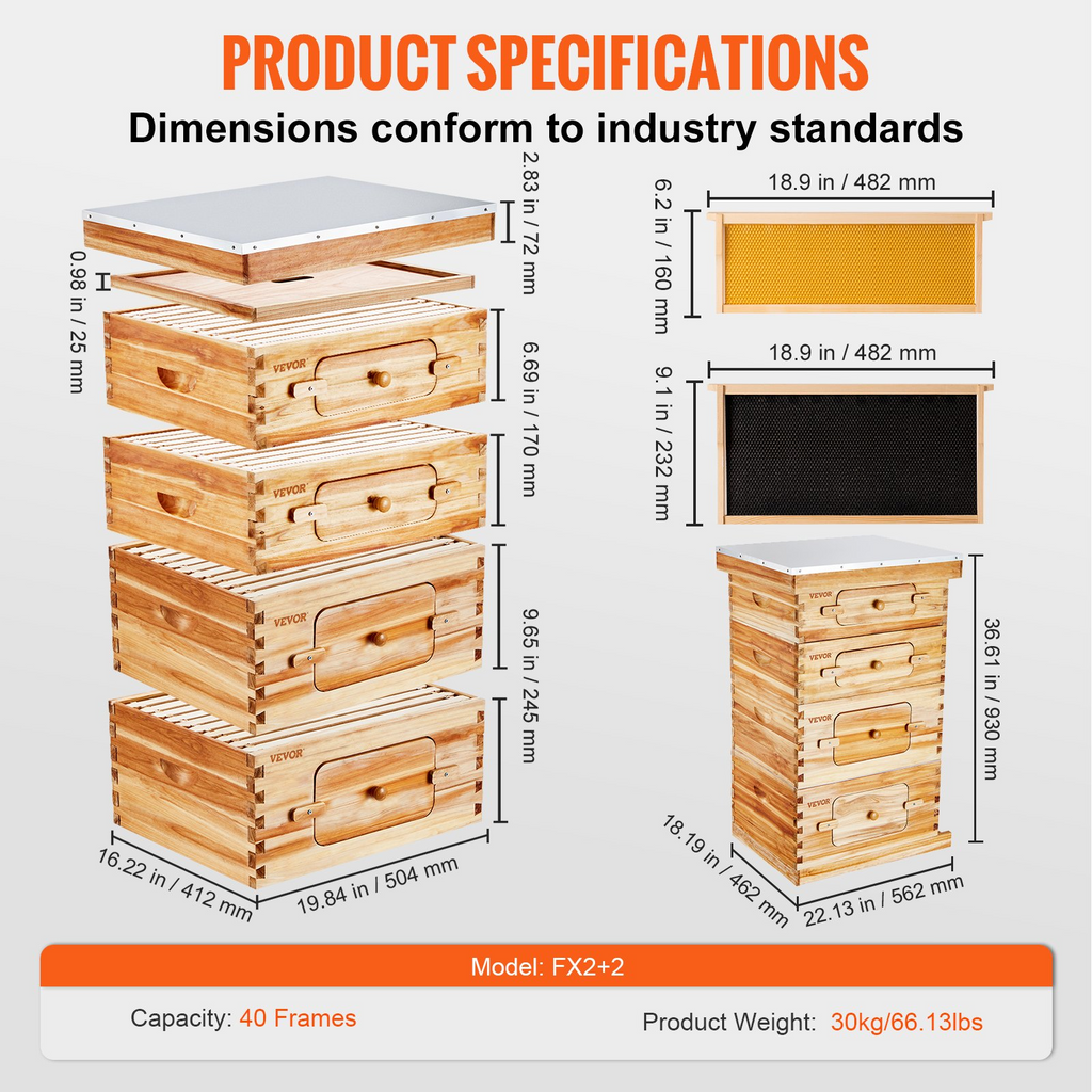 VEVOR Bee Hive - Kit de inicio de 40 colmenas de abejas con marco de madera de cedro recubierta de cera de abejas 2 cajas de abejas profundas y 2 medianas