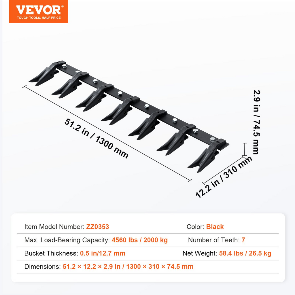 Barra de dientes para cucharón VEVOR 53'' capacidad de carga de 4560 lb