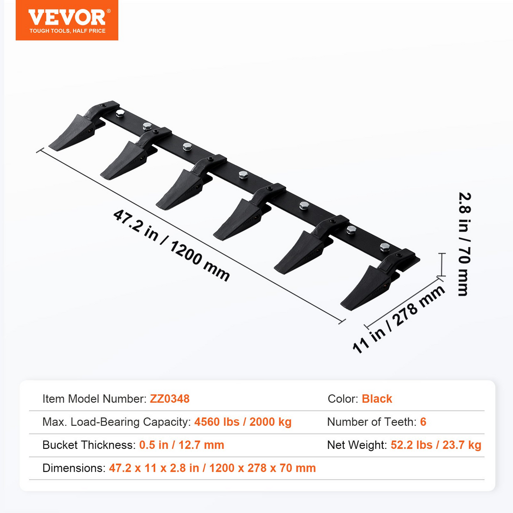 Barra de dientes para cucharón VEVOR 48'' capacidad de carga de 4560 lb