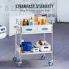 Carro de servicio de laboratorio rodante multiusos de acero inoxidable 2 capas con dos cajones ruedas bloqueables y balde para uso en laboratorio hospital y odontología.
