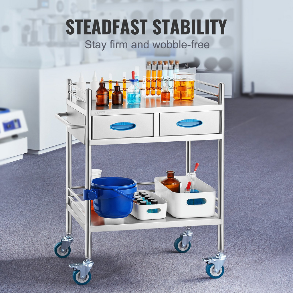 Carro de servicio de laboratorio rodante multiusos de acero inoxidable 2 capas con dos cajones ruedas bloqueables y balde para uso en laboratorio hospital y odontología.