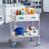 Carro de servicio de laboratorio rodante multiusos de acero inoxidable 2 capas con dos cajones ruedas bloqueables y balde para uso en laboratorio hospital y odontología.