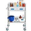 Carro de servicio de laboratorio rodante multiusos de acero inoxidable 2 capas con dos cajones ruedas bloqueables y balde para uso en laboratorio hospital y odontología.