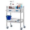 Carro de servicio de laboratorio rodante multiusos de acero inoxidable 2 capas con dos cajones ruedas bloqueables y balde para uso en laboratorio hospital y odontología.