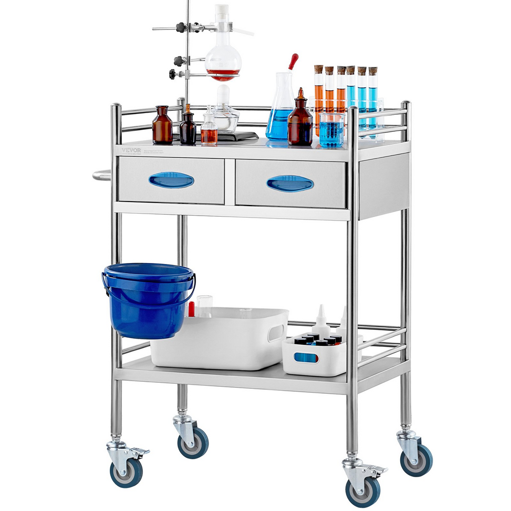 Carro de servicio de laboratorio rodante multiusos de acero inoxidable 2 capas con dos cajones ruedas bloqueables y balde para uso en laboratorio hospital y odontología.