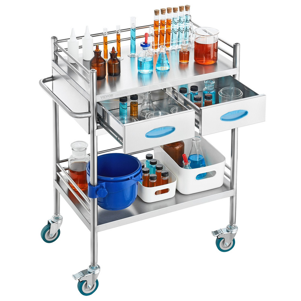 Carro de servicio de laboratorio rodante multiusos de acero inoxidable 2 capas con dos cajones ruedas bloqueables y balde para uso en laboratorio hospital y odontología.