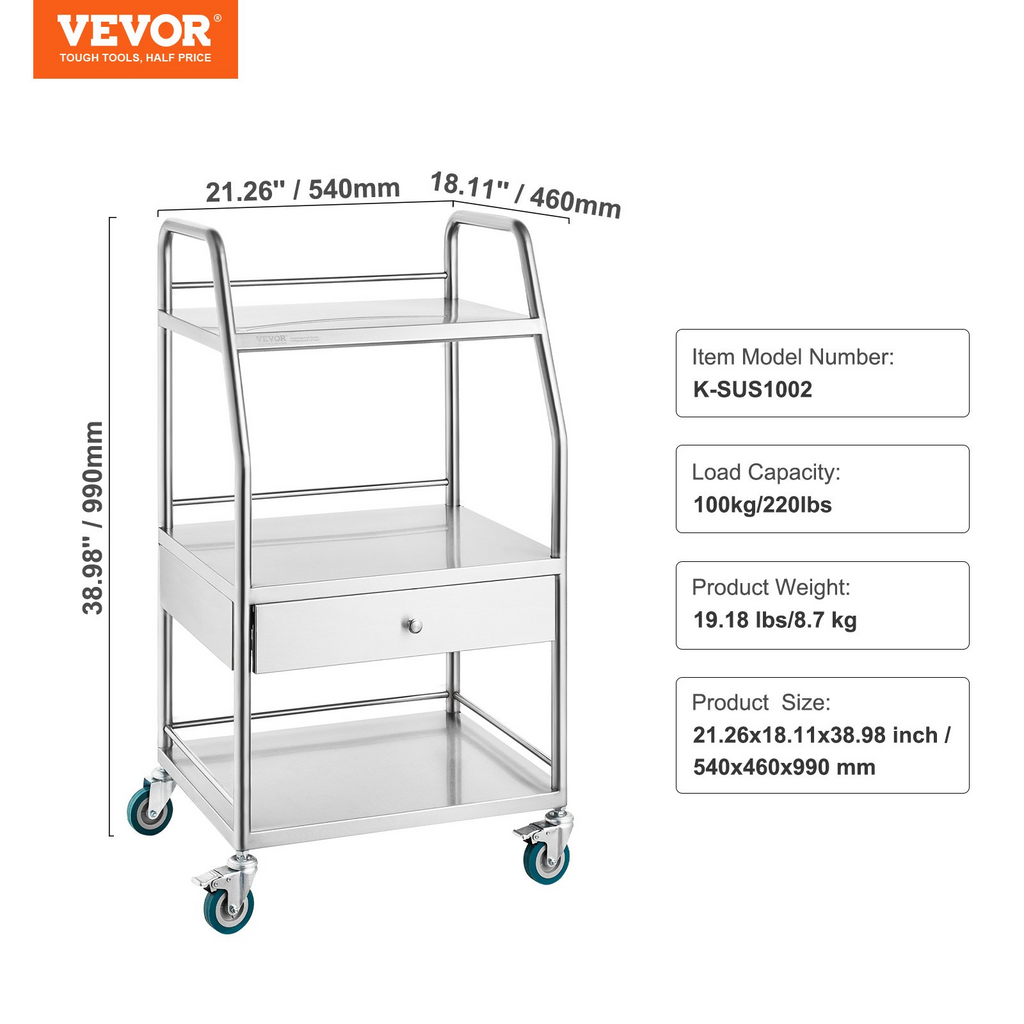 VEVOR - Carro de servicio de laboratorio de 3 capas