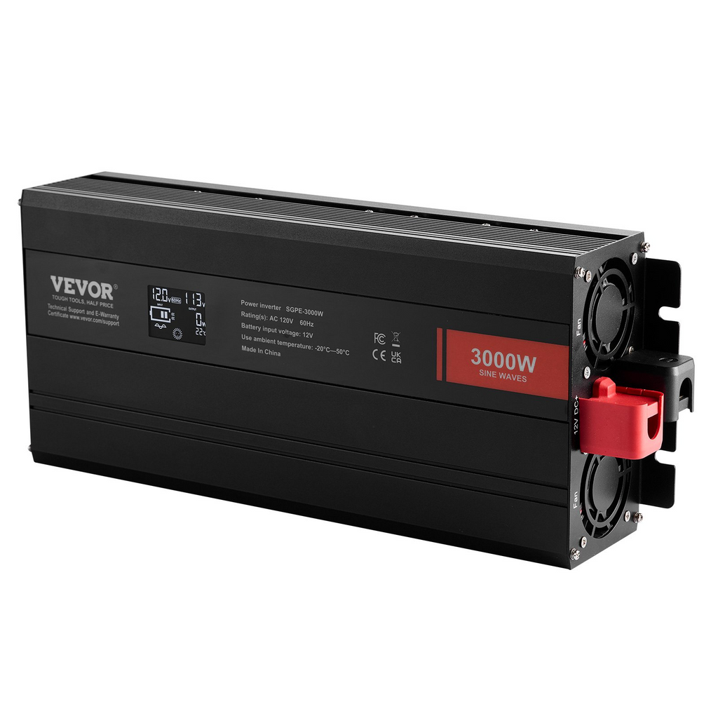 Inversor de onda sinusoidal pura VEVOR 3000 vatios de CC 12 V a CA 120 V con 2 salidas de CA 2 puertos USB 1 puerto tipo C pantalla LCD y control remoto