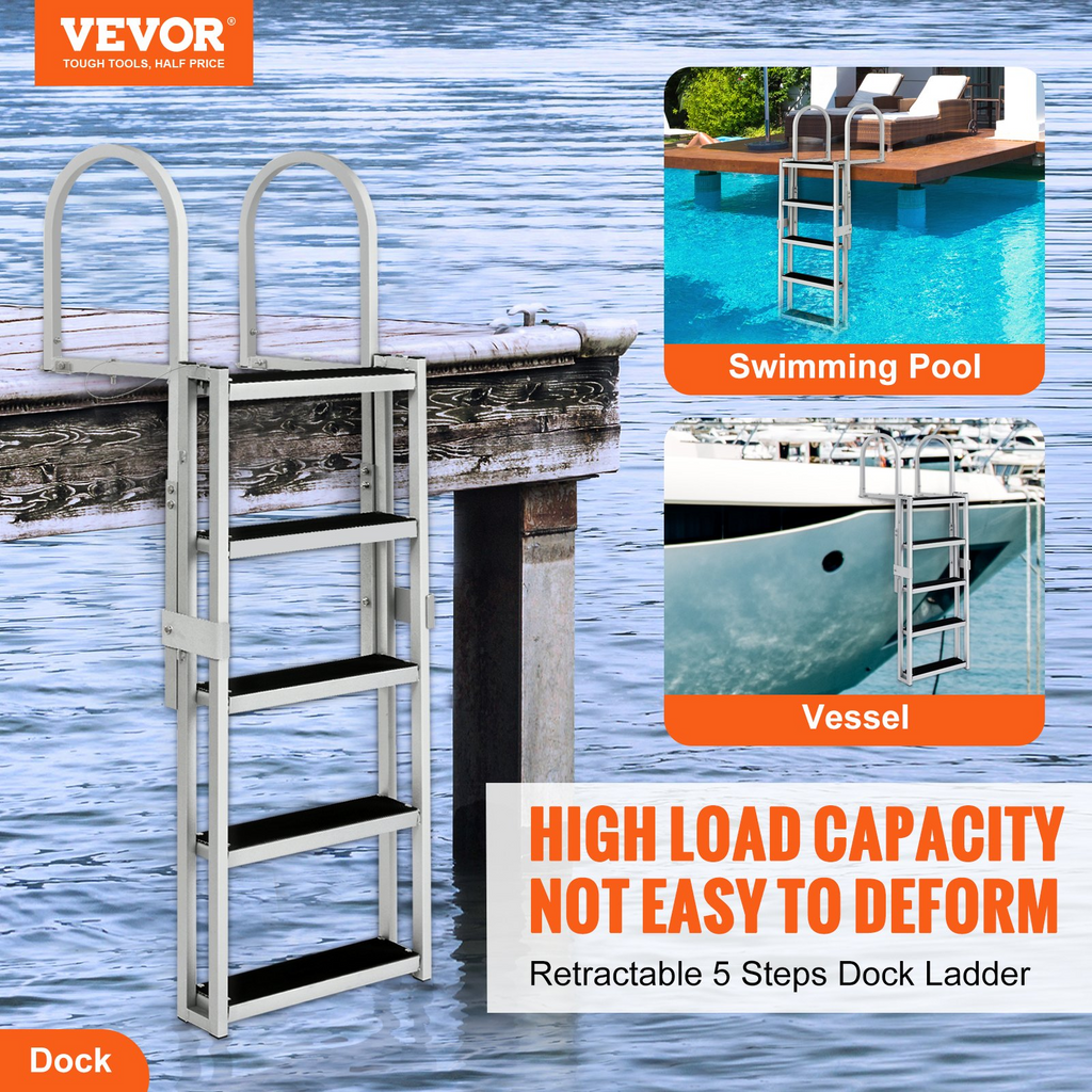 Escalera de muelle VEVOR retráctil 5 escalones capacidad de carga de 350 lb 66,9'' a 78,9'' escalón de 4'' de ancho y tapete de goma