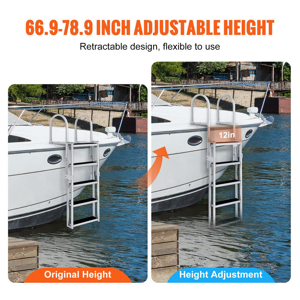 Escalera de muelle VEVOR retráctil 5 escalones capacidad de carga de 350 lb 66,9'' a 78,9'' escalón de 4'' de ancho y tapete de goma