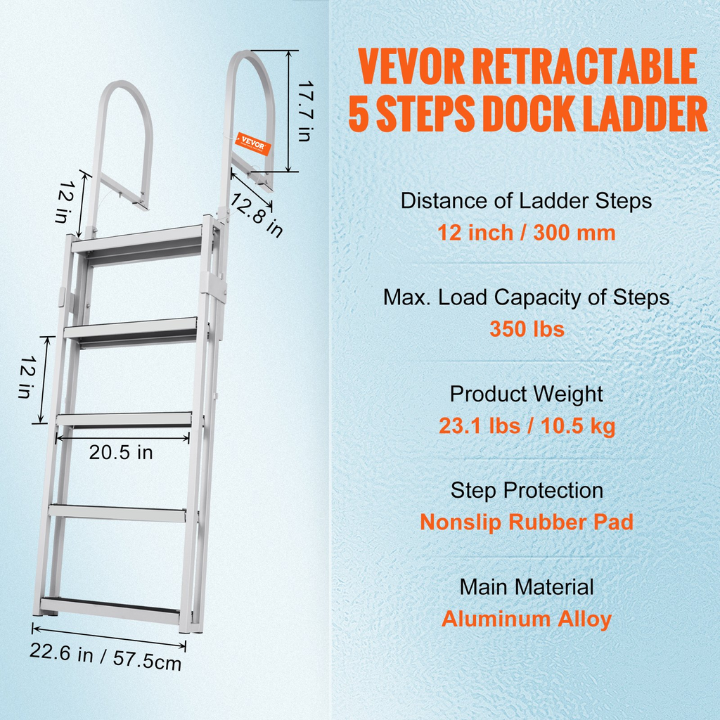 Escalera de muelle VEVOR retráctil 5 escalones capacidad de carga de 350 lb 66,9'' a 78,9'' escalón de 4'' de ancho y tapete de goma