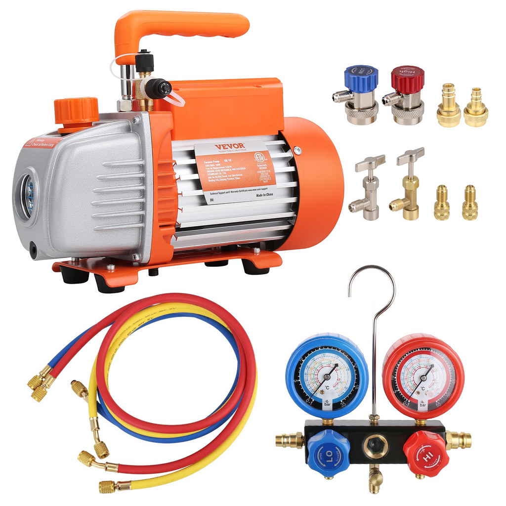Bomba de vacío y juego de manómetro VEVOR 1/5 HP 3.5 CFM AC  paletas rotativas de 1 etapa HVAC Kit de refrigerante de A/C Juego de manómetro múltiple JH2