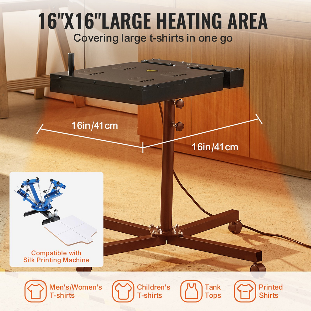 Secadora flash VEVOR de 16 x 16 pulgadas para serigrafía con soporte de altura ajustable rotación de 360°