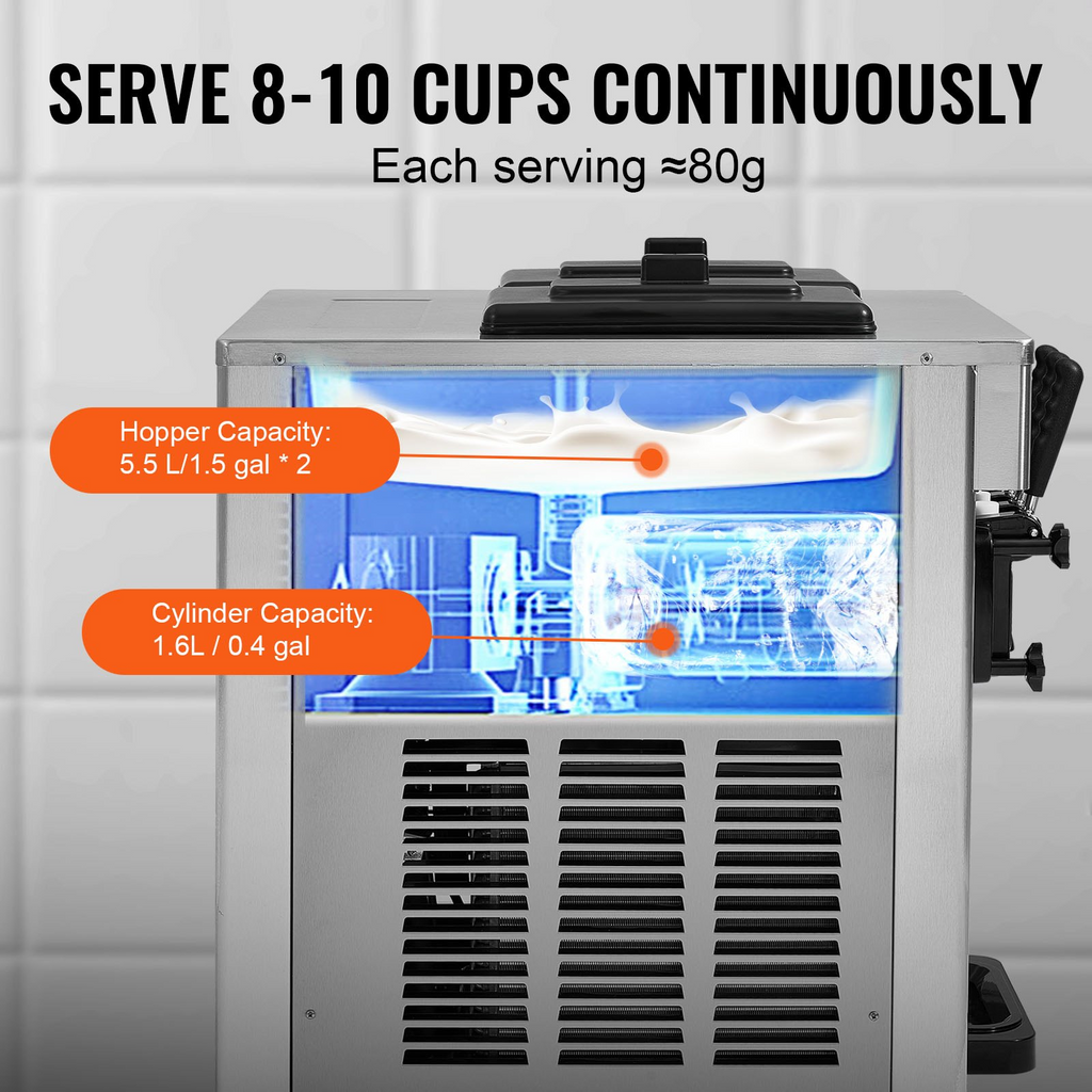 Máquina para hacer helados comerciales VEVOR rendimiento de 18-28 l/h de 1850 W 2 cilindros de acero inoxidable de 5,5 l