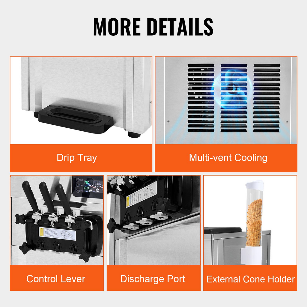 Máquina para hacer helados comerciales VEVOR rendimiento de 18-28 l/h de 1850 W 2 cilindros de acero inoxidable de 5,5 l