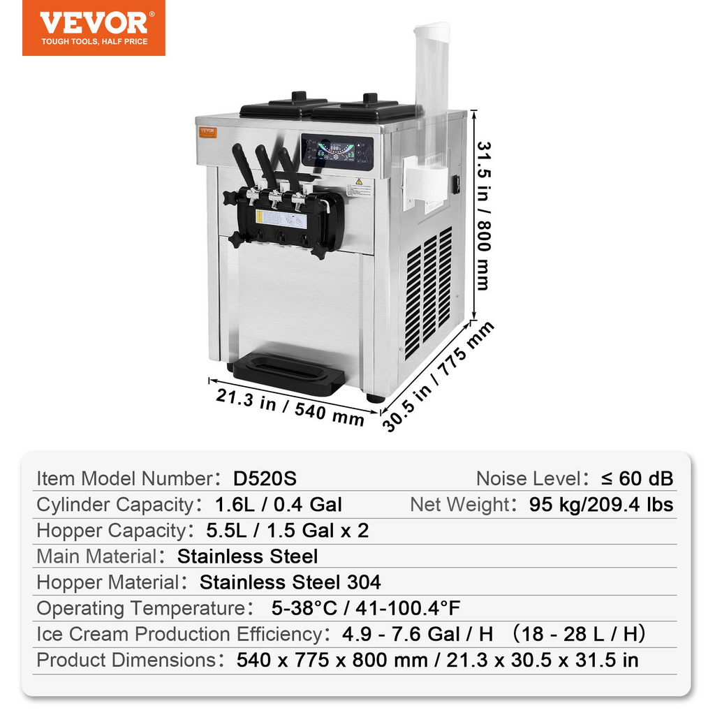 Máquina para hacer helados comerciales VEVOR rendimiento de 18-28 l/h de 1850 W 2 cilindros de acero inoxidable de 5,5 l
