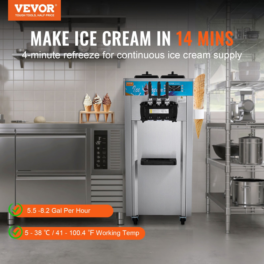 Máquina para hacer helados comerciales VEVOR rendimiento de 21-31 l/h de 3 sabores de 1800 W cilindro de acero inoxidable de 2 x 5,5 l panel LED con preenfriado automático y limpieza