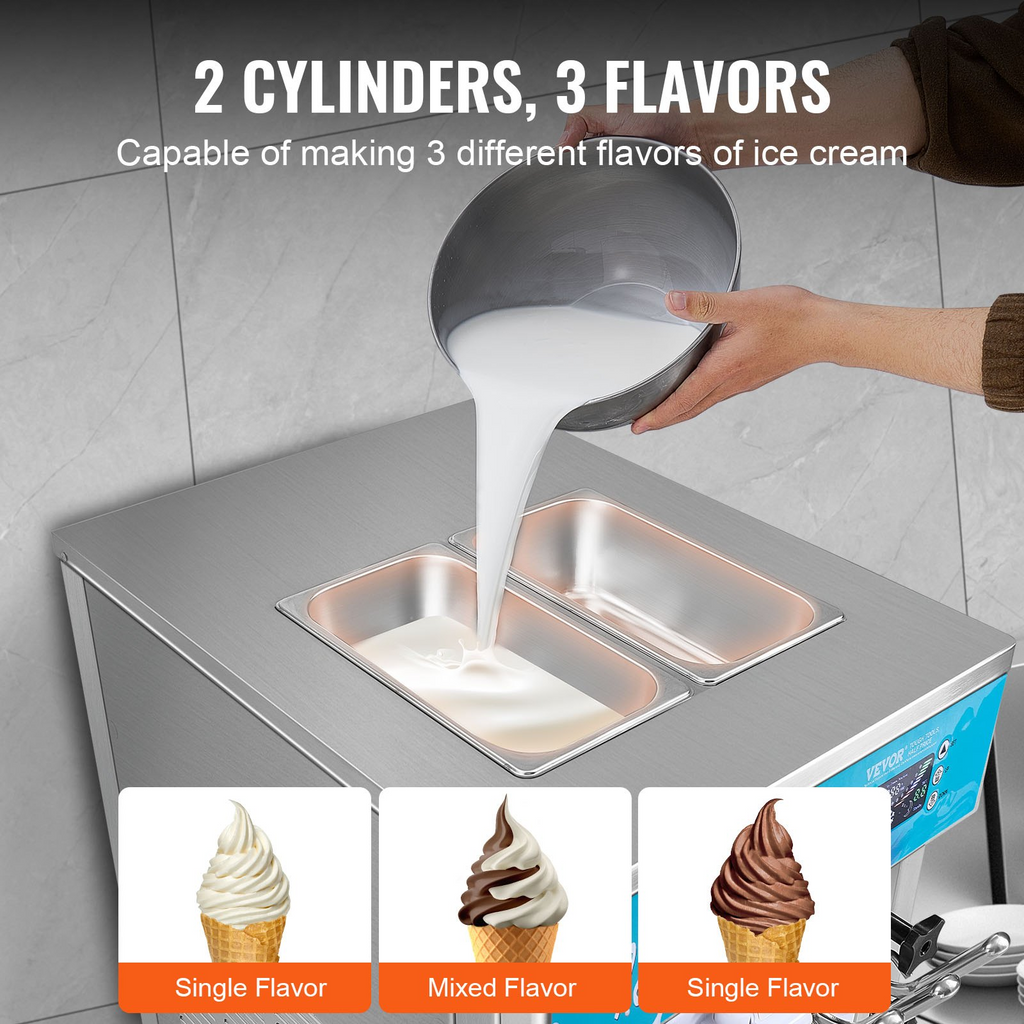Máquina para hacer helados comerciales VEVOR rendimiento de 21-31 l/h de 3 sabores de 1800 W cilindro de acero inoxidable de 2 x 5,5 l panel LED con preenfriado automático y limpieza