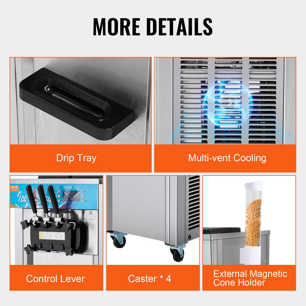 Máquina para hacer helados comerciales VEVOR rendimiento de 21-31 l/h de 3 sabores de 1800 W cilindro de acero inoxidable de 2 x 5,5 l panel LED con preenfriado automático y limpieza