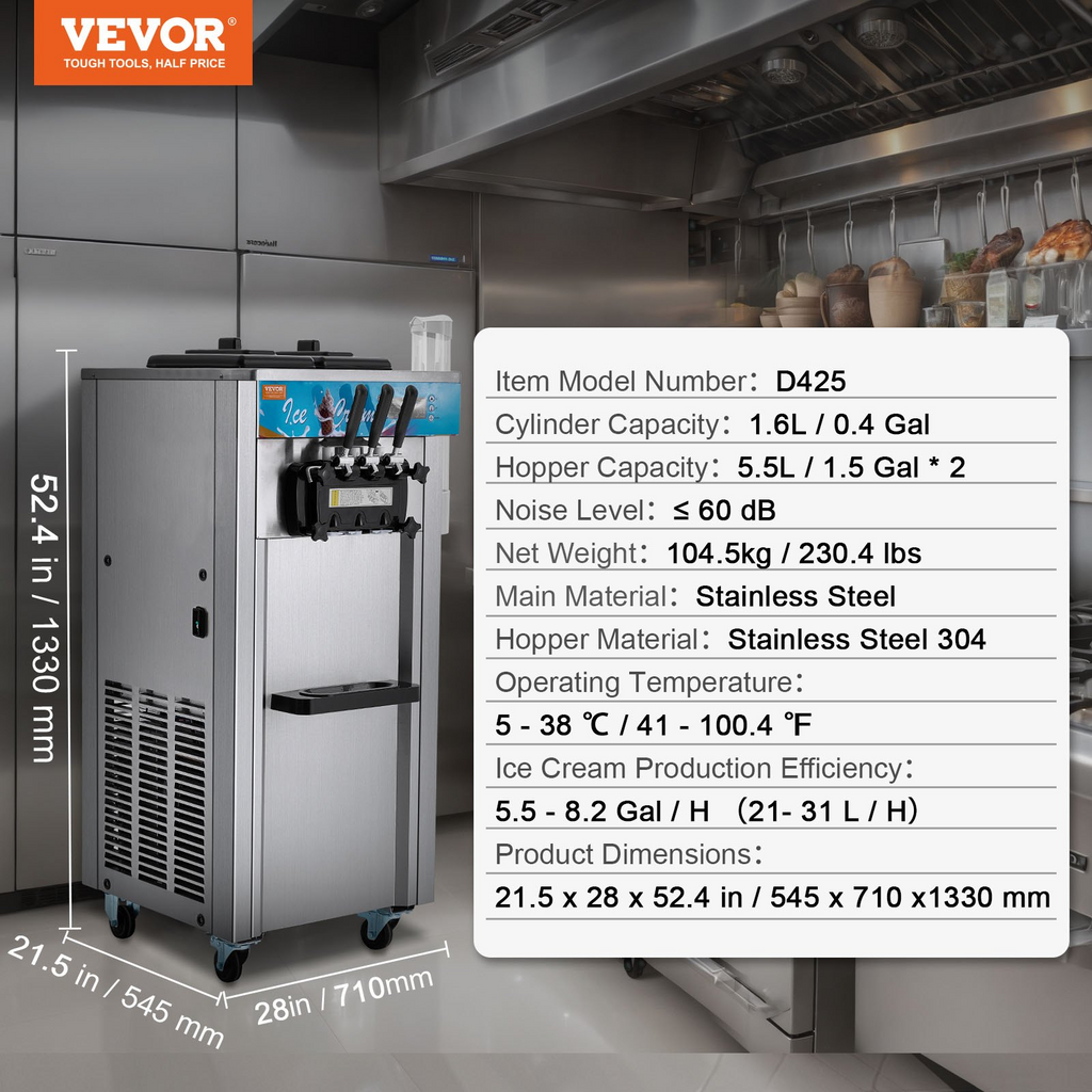 Máquina para hacer helados comerciales VEVOR rendimiento de 21-31 l/h de 3 sabores de 1800 W cilindro de acero inoxidable de 2 x 5,5 l panel LED con preenfriado automático y limpieza