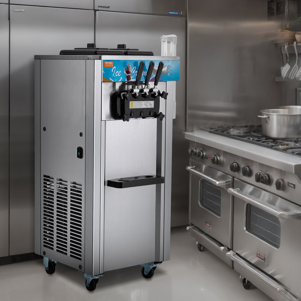 Máquina para hacer helados comerciales VEVOR rendimiento de 21-31 l/h de 3 sabores de 1800 W cilindro de acero inoxidable de 2 x 5,5 l panel LED con preenfriado automático y limpieza