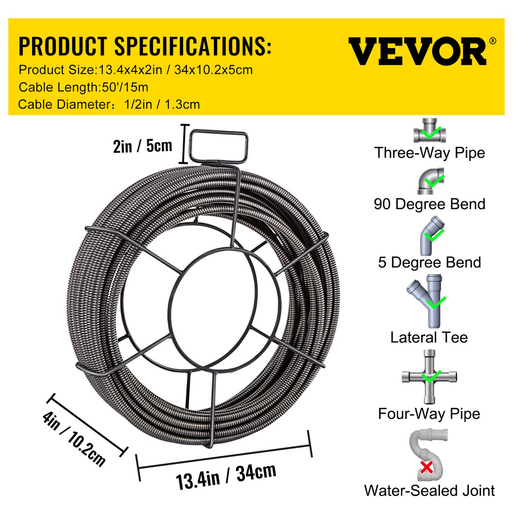 Cable de limpieza de desagües VEVOR de 15mts  x 1/2 pulgada, cable de núcleo sólido, cable de alcantarillado, barrena de drenaje, limpiador de cables, serpiente, tubería de obstrucción, cable de limpieza de desagües JH2