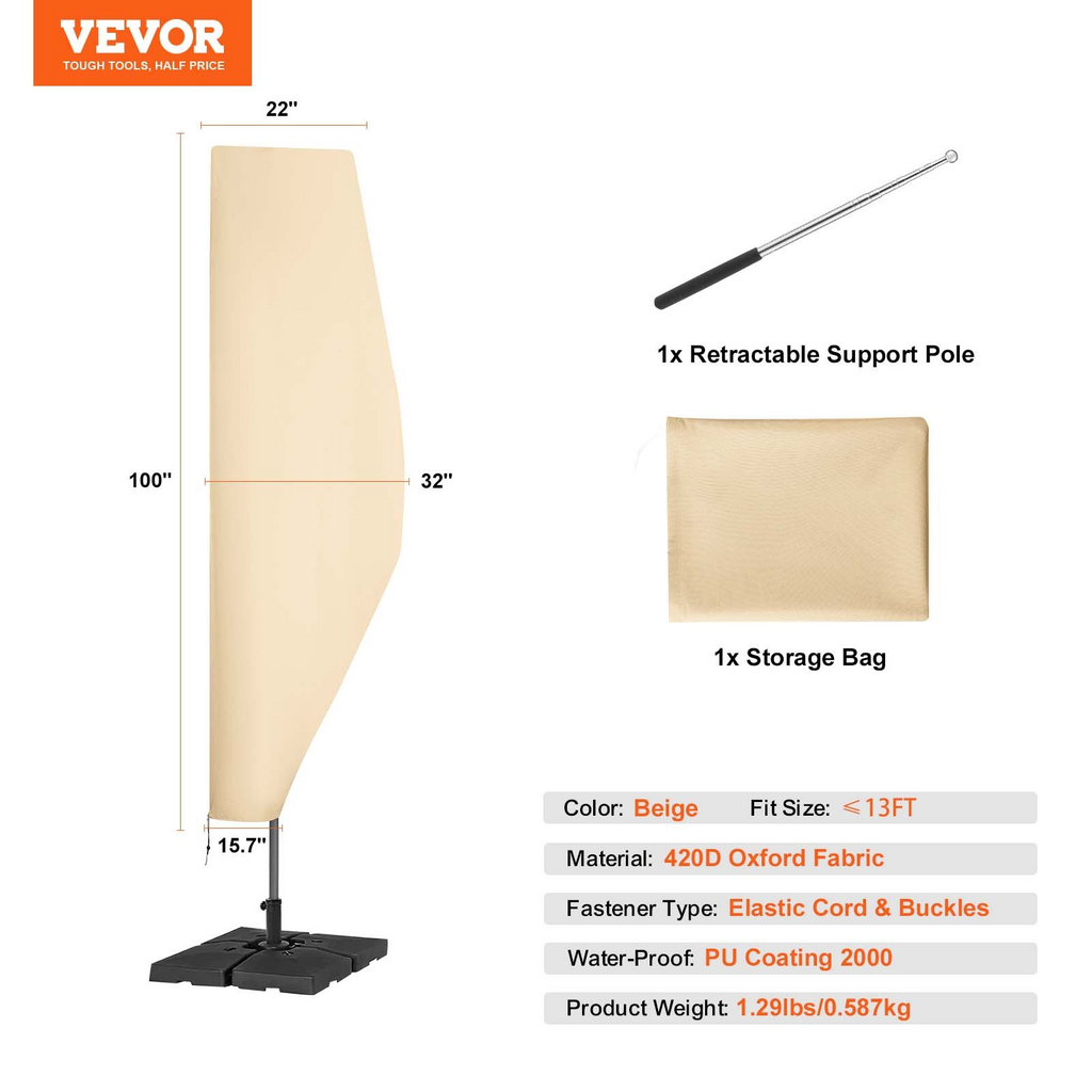 Funda para sombrilla de patio de 7 a 13 pies 2000 mm con cremallera y varilla