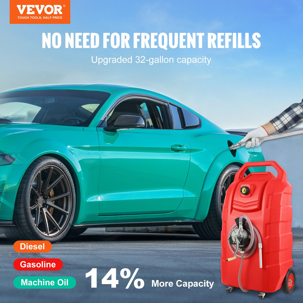 VEVOR Fuel Caddy, 32 galones, tanque de almacenamiento de combustible portátil sobre ruedas, con bomba de transferencia manual, contenedor de combustible diésel y gasolina JH2