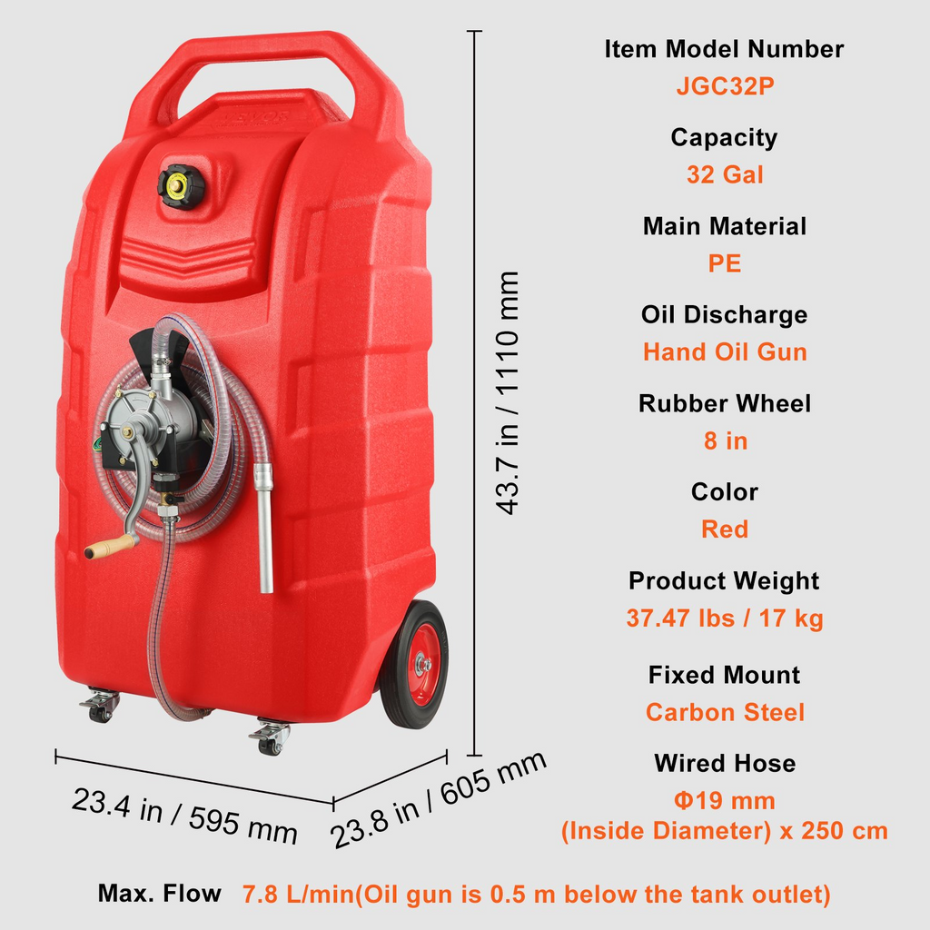 VEVOR Fuel Caddy, 32 galones, tanque de almacenamiento de combustible portátil sobre ruedas, con bomba de transferencia manual, contenedor de combustible diésel y gasolina JH2