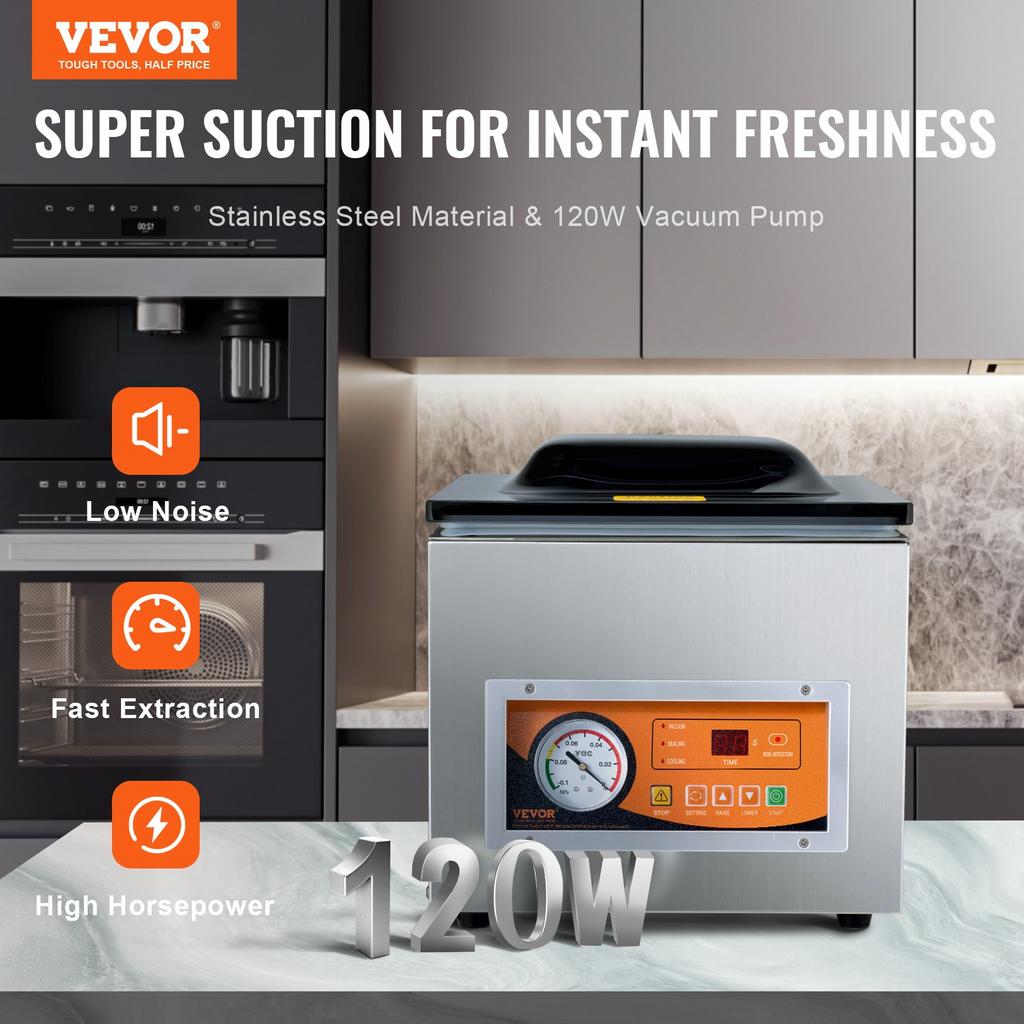Selladora al vacío de cámara VEVOR potencia de sellado de 260 W tamaño compacto con longitud de sellado de 10,2"