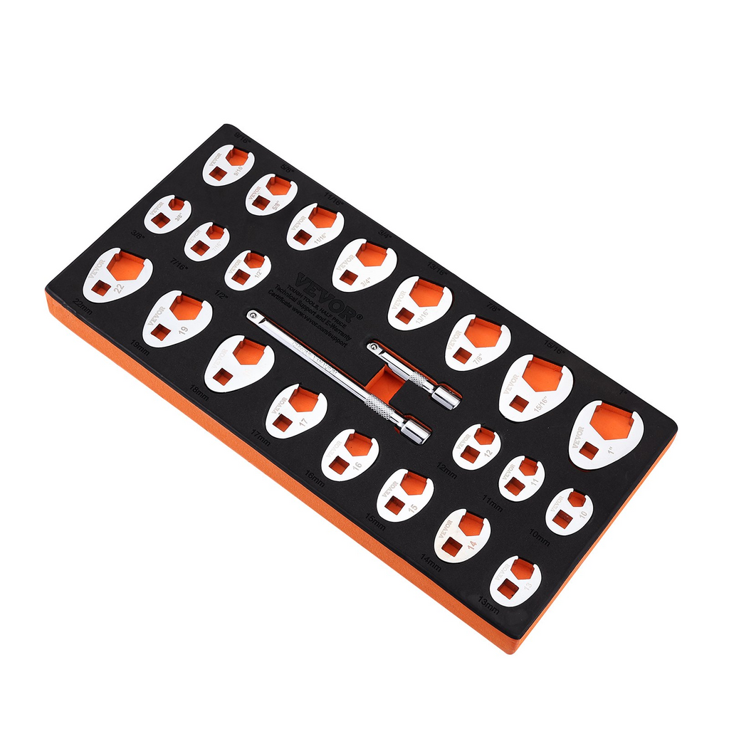 Juego de llaves de pata de gallo de 3/8" con 2 barras de extensión 24 piezas SAE 3/8"-1" y métricas 10-22 mm