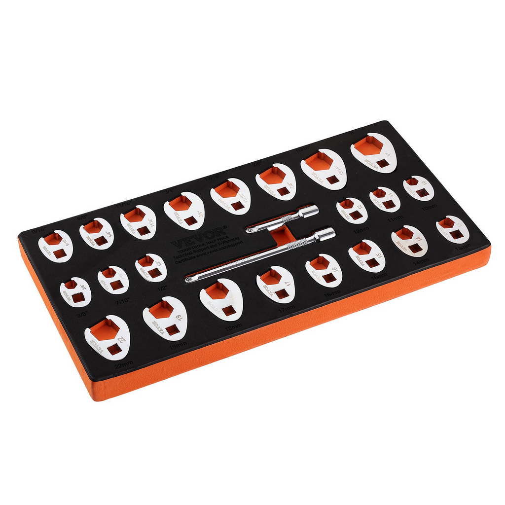 Juego de llaves de pata de gallo de 3/8" con 2 barras de extensión 24 piezas SAE 3/8"-1" y métricas 10-22 mm